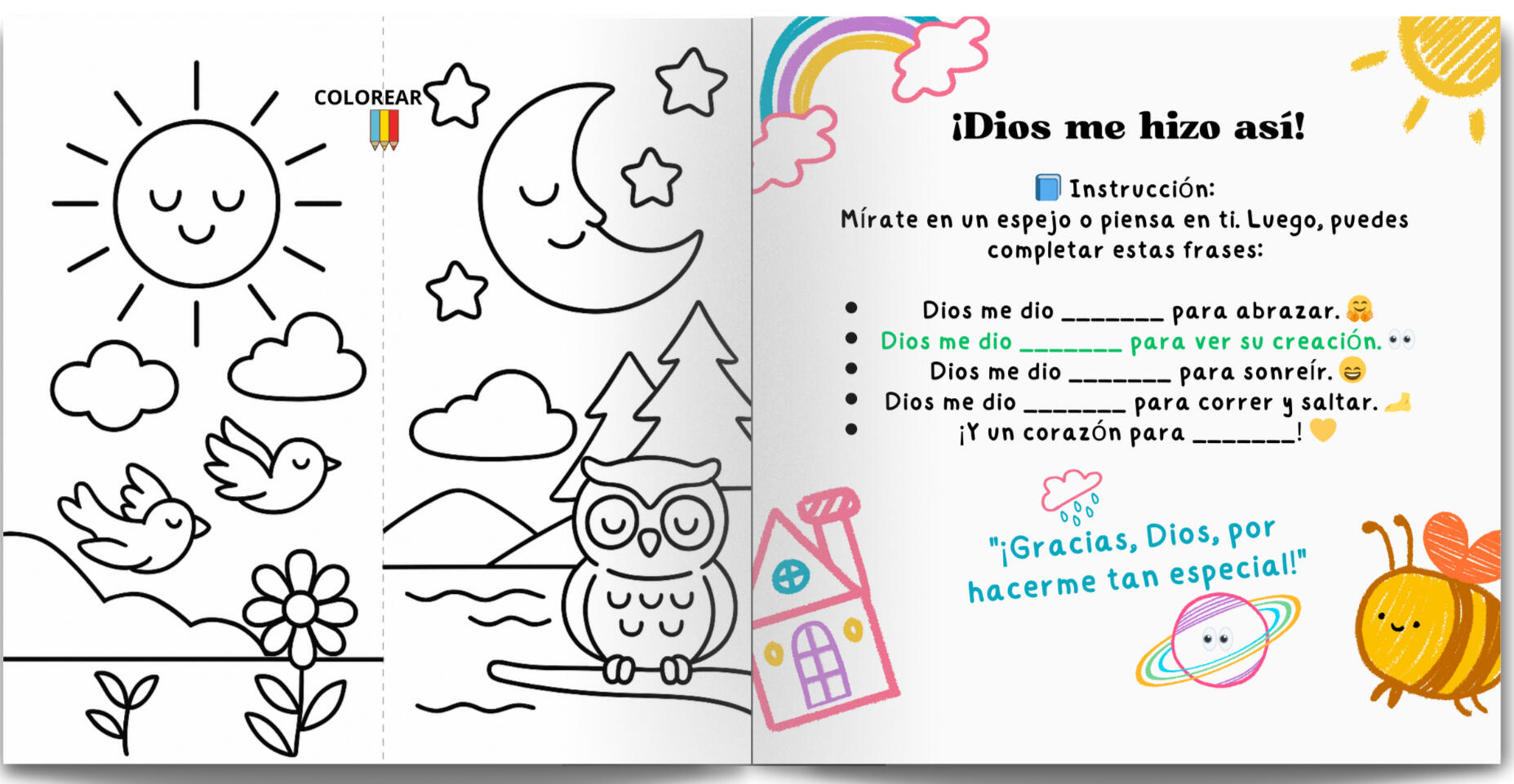 Página para colorear con sol, luna, nubes y animales; ayuda a los niños a expresar su creatividad.