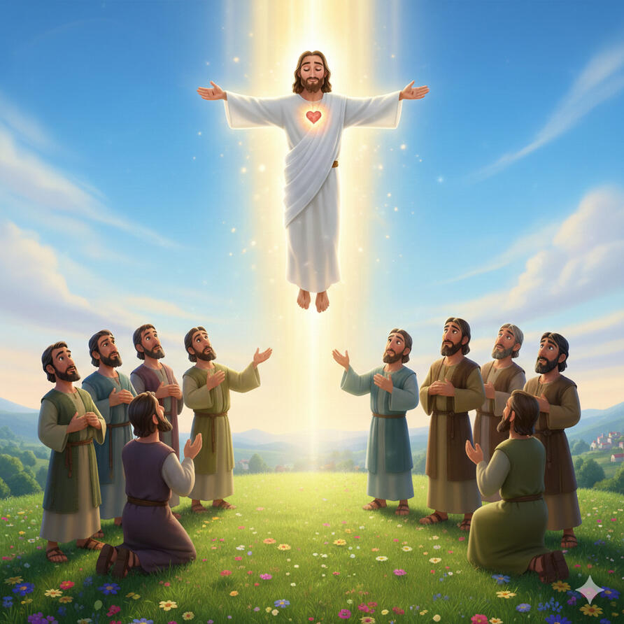 Jesús resucitado rodeado de sus discípulos ilustración del libro cristiano para niños La Resurrección