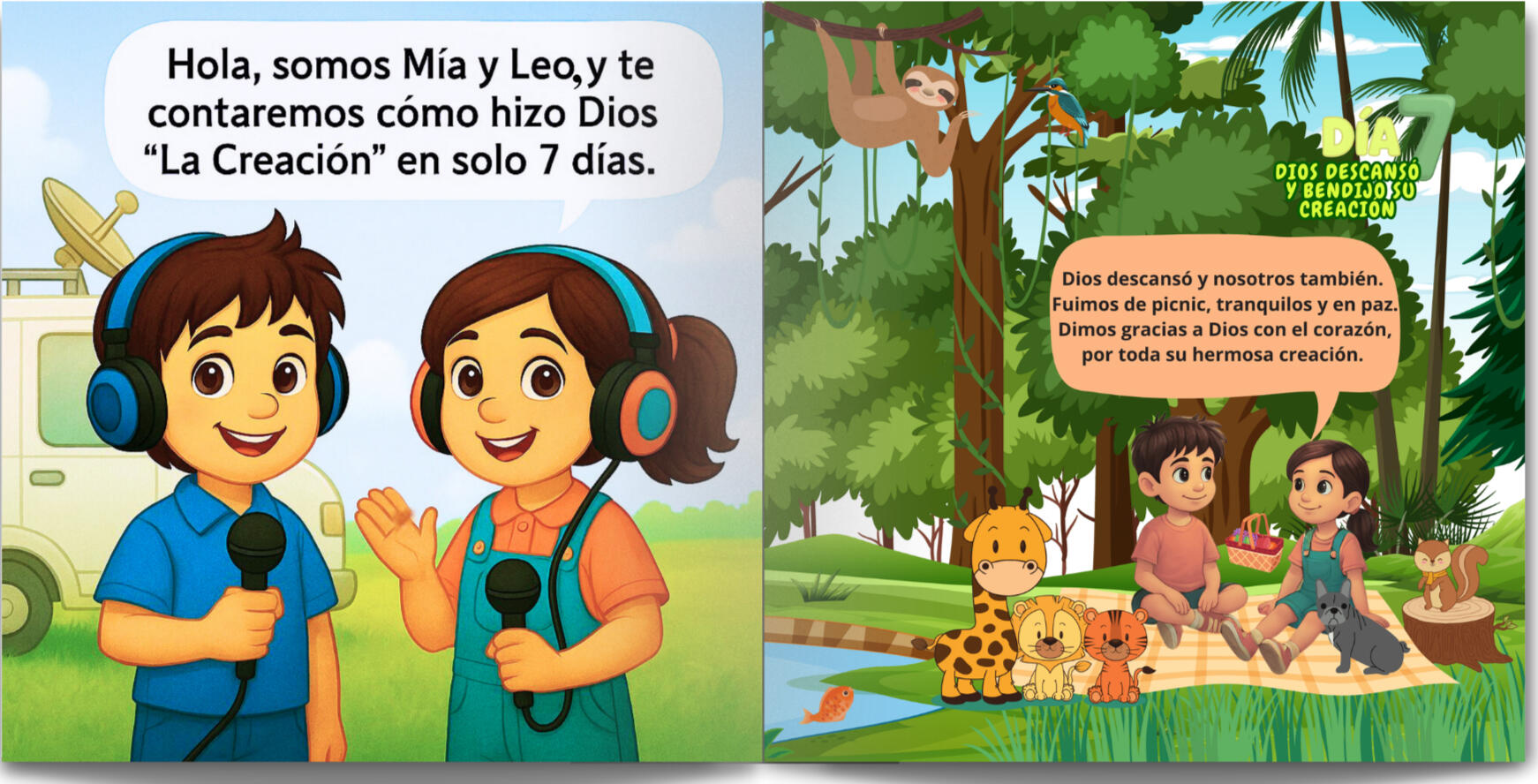Ilustración de Leo y Mía con micrófonos invitando a descubrir la historia de la creación de Dios en siete días.