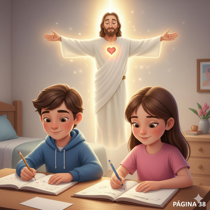 Jesús acompañando a niños mientras aprenden sobre la resurrección ilustración de libro cristiano infantil
